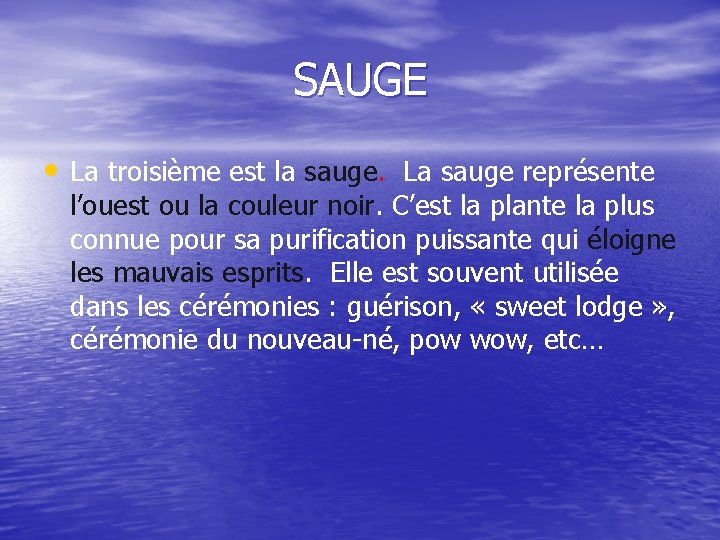 SAUGE • La troisième est la sauge. La sauge représente l’ouest ou la couleur