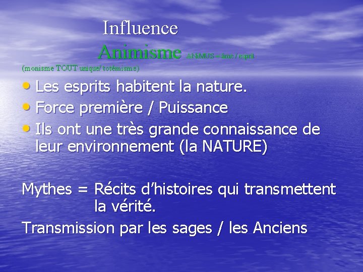 Influence Animisme ANi. MUS = âme / esprit (monisme TOUT unique/ totémisme) • Les