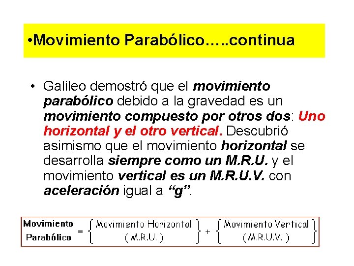 • Movimiento Parabólico…. . continua • Galileo demostró que el movimiento parabólico debido • Movimiento Parabólico…. . continua • Galileo demostró que el movimiento parabólico debido