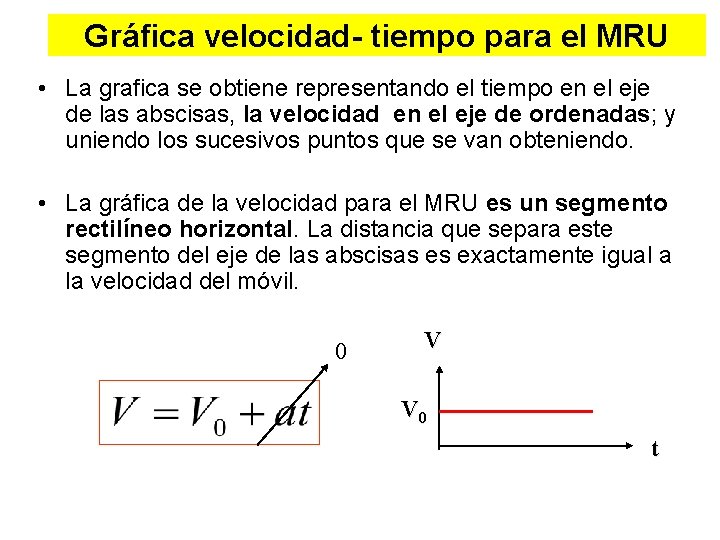 Gráfica velocidad- tiempo para el MRU • La grafica se obtiene representando el tiempo Gráfica velocidad- tiempo para el MRU • La grafica se obtiene representando el tiempo