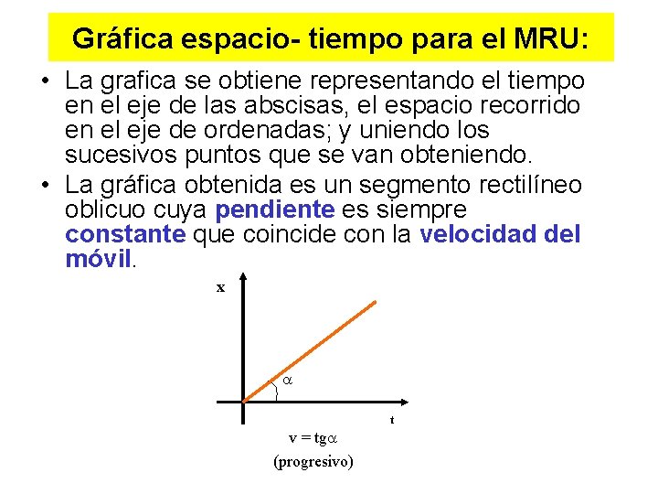 Gráfica espacio- tiempo para el MRU: • La grafica se obtiene representando el tiempo Gráfica espacio- tiempo para el MRU: • La grafica se obtiene representando el tiempo