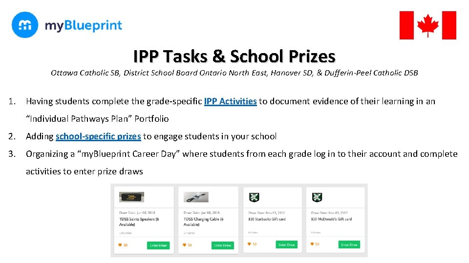 IPP Tasks & School Prizes Ottawa Catholic SB, District School Board Ontario North East,