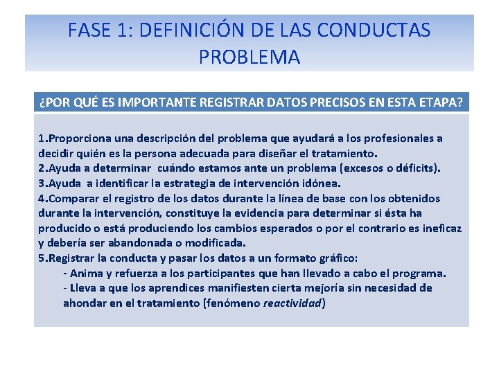 FASE 1: DEFINICIÓN DE LAS CONDUCTAS PROBLEMA ¿POR QUÉ ES IMPORTANTE REGISTRAR DATOS PRECISOS FASE 1: DEFINICIÓN DE LAS CONDUCTAS PROBLEMA ¿POR QUÉ ES IMPORTANTE REGISTRAR DATOS PRECISOS