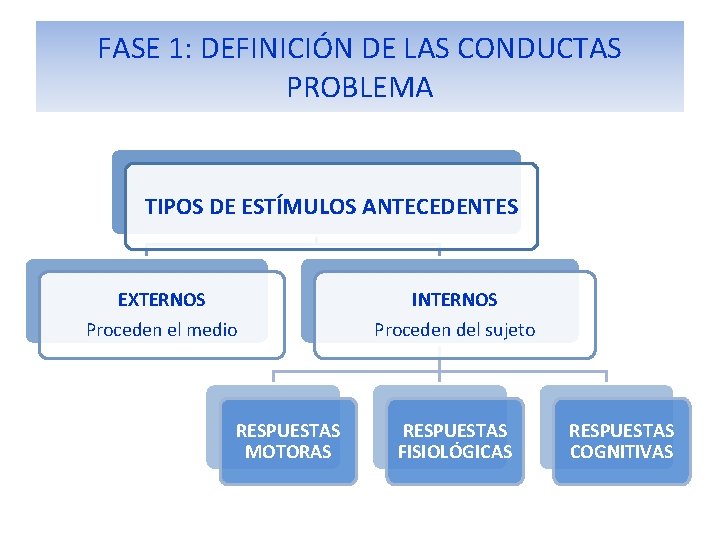 FASE 1: DEFINICIÓN DE LAS CONDUCTAS PROBLEMA TIPOS DE ESTÍMULOS ANTECEDENTES EXTERNOS INTERNOS Proceden