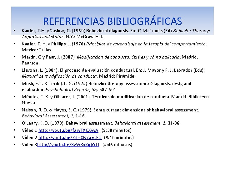  • • • REFERENCIAS BIBLIOGRÁFICAS Kanfer, F. H. y Saslow, G. (1969) Behavioral