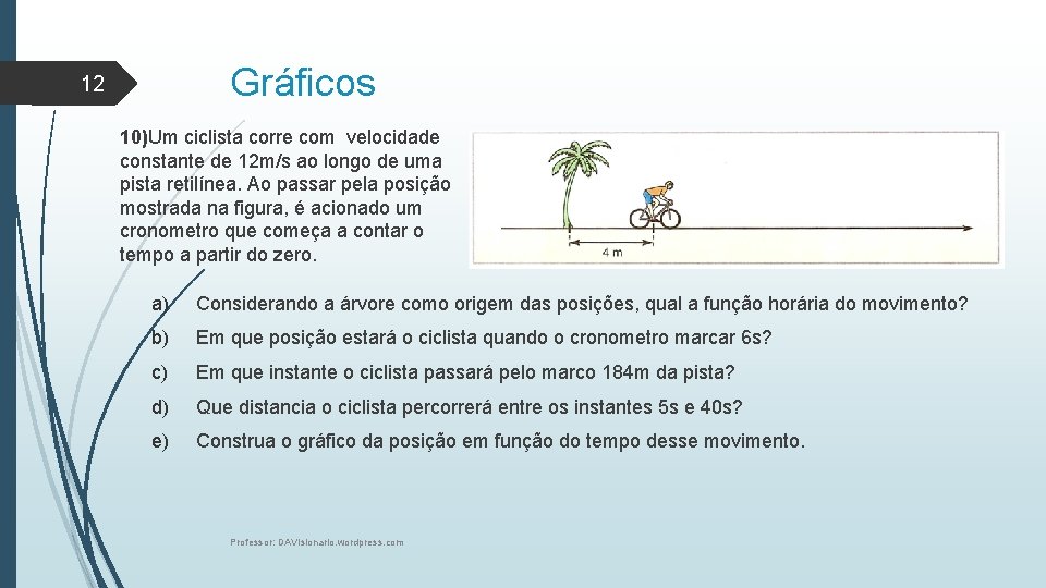 Gráficos 12 10)Um ciclista corre com velocidade constante de 12 m/s ao longo de