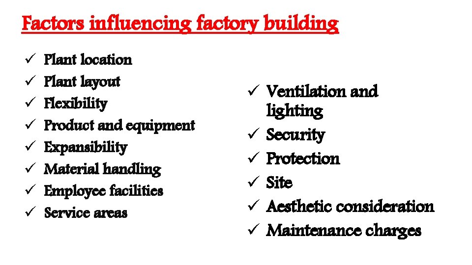 Factors influencing factory building ü ü ü ü Plant location Plant layout Flexibility Product