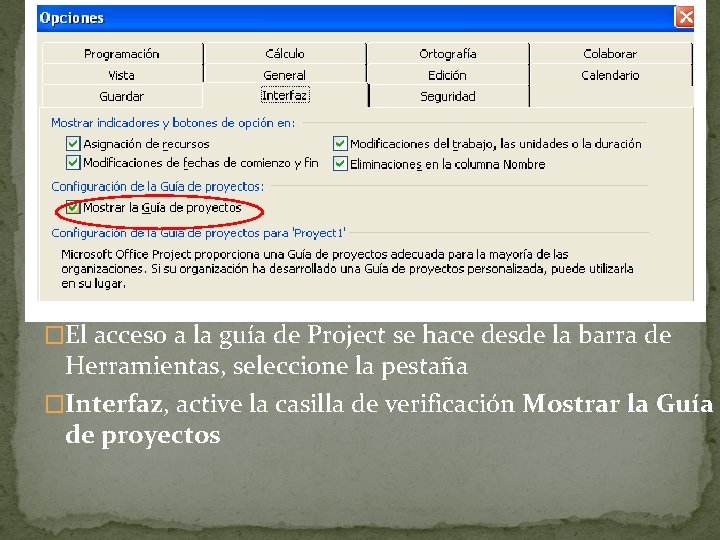 �El acceso a la guía de Project se hace desde la barra de Herramientas,