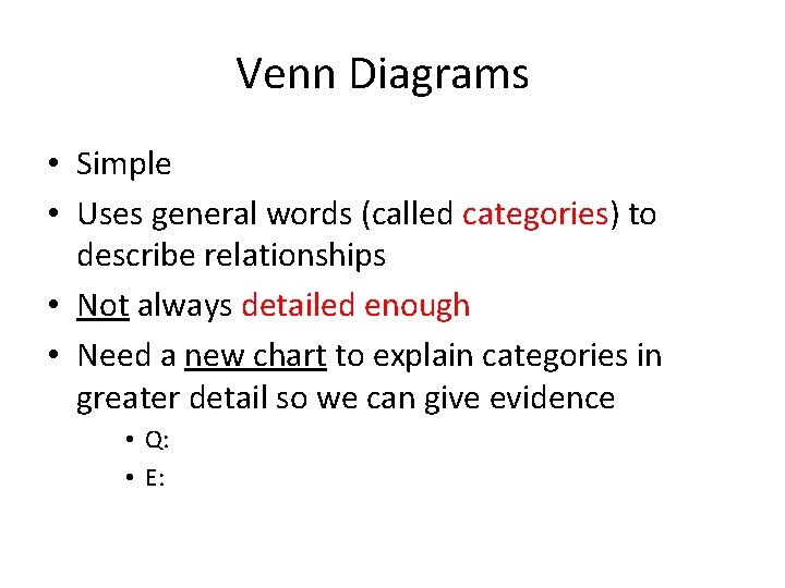 Venn Diagrams • Simple • Uses general words (called categories) to describe relationships •