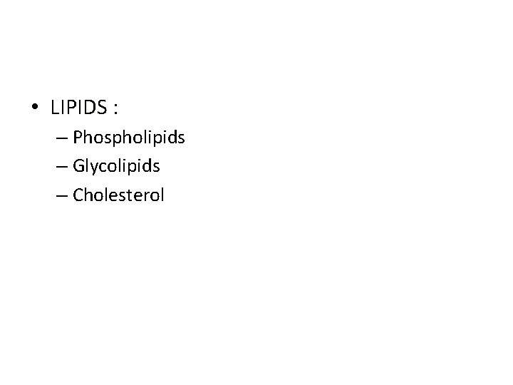  • LIPIDS : – Phospholipids – Glycolipids – Cholesterol 