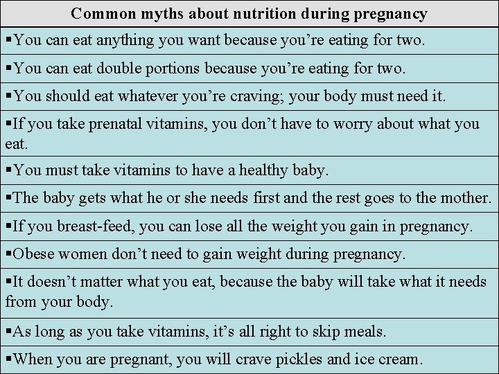 Common myths about nutrition during pregnancy You can eat anything you want because you’re