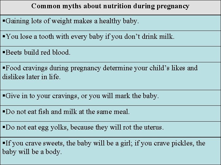 Common myths about nutrition during pregnancy Gaining lots of weight makes a healthy baby.