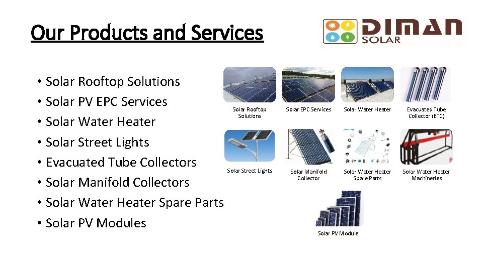 Our Products and Services • Solar Rooftop Solutions • Solar PV EPC Services Solar
