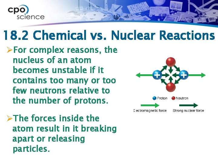 18. 2 Chemical vs. Nuclear Reactions ØFor complex reasons, the nucleus of an atom