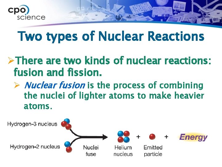 Two types of Nuclear Reactions ØThere are two kinds of nuclear reactions: fusion and