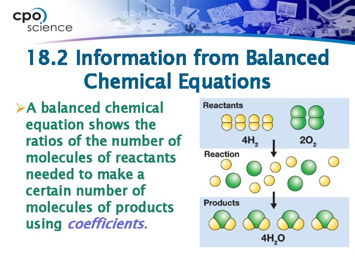 18. 2 Information from Balanced Chemical Equations ØA balanced chemical equation shows the ratios