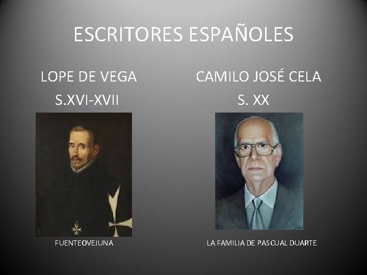 ESCRITORES ESPAÑOLES LOPE DE VEGA S. XVI-XVII FUENTEOVEJUNA CAMILO JOSÉ CELA S. XX LA