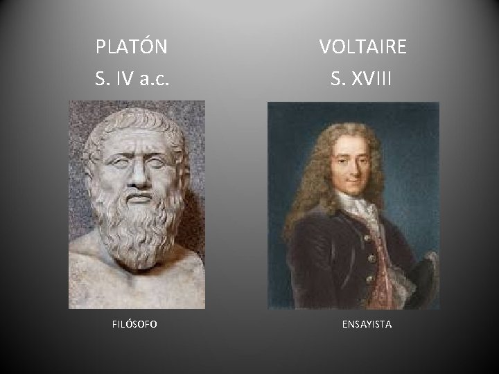 PLATÓN S. IV a. c. FILÓSOFO VOLTAIRE S. XVIII ENSAYISTA 