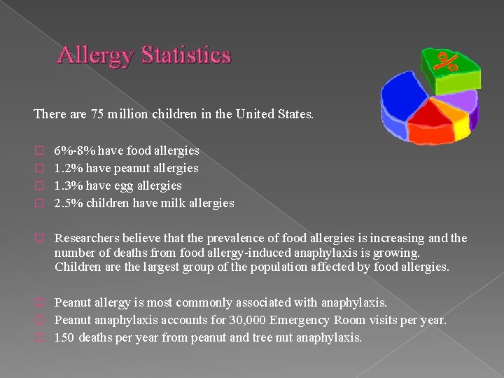 Allergy Statistics There are 75 million children in the United States. 6%-8% have food