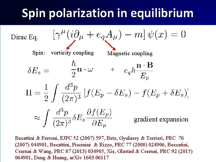 Spin polarization in equilibrium Dirac Eq. Spin: vorticity coupling Magnetic coupling + gradient expansion