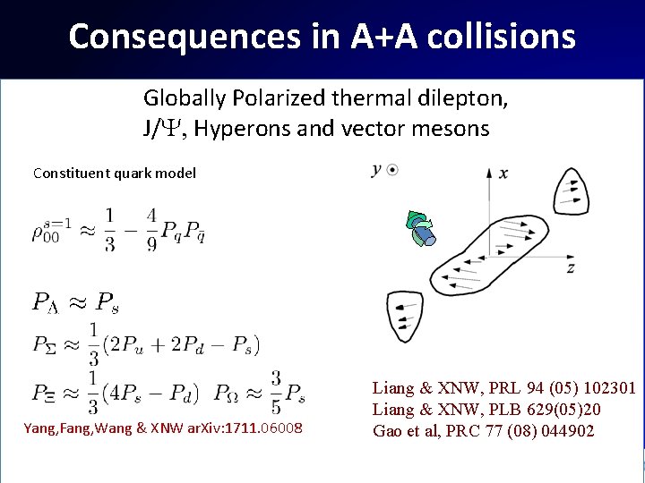 Consequences in A+A collisions Globally Polarized thermal dilepton, J/Y, Hyperons and vector mesons Constituent