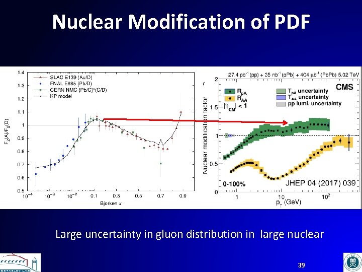 Nuclear Modification of PDF Large uncertainty in gluon distribution in large nuclear 39 