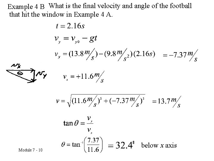 Example 4 B What is the final velocity and angle of the football that