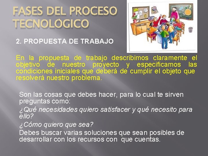 FASES DEL PROCESO TECNOLÓGICO 2. PROPUESTA DE TRABAJO En la propuesta de trabajo describimos