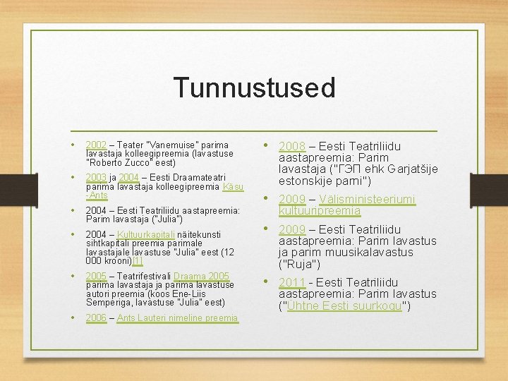 Tunnustused • 2002 – Teater "Vanemuise" parima lavastaja kolleegipreemia (lavastuse "Roberto Zucco" eest) •