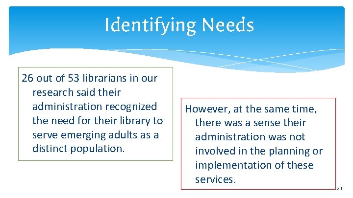 Identifying Needs 26 out of 53 librarians in our research said their administration recognized