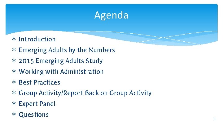 Agenda ∗ ∗ ∗ ∗ Introduction Emerging Adults by the Numbers 2015 Emerging Adults