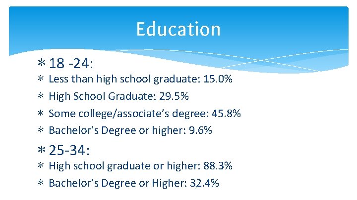 Education ∗ 18 -24: ∗ ∗ Less than high school graduate: 15. 0% High