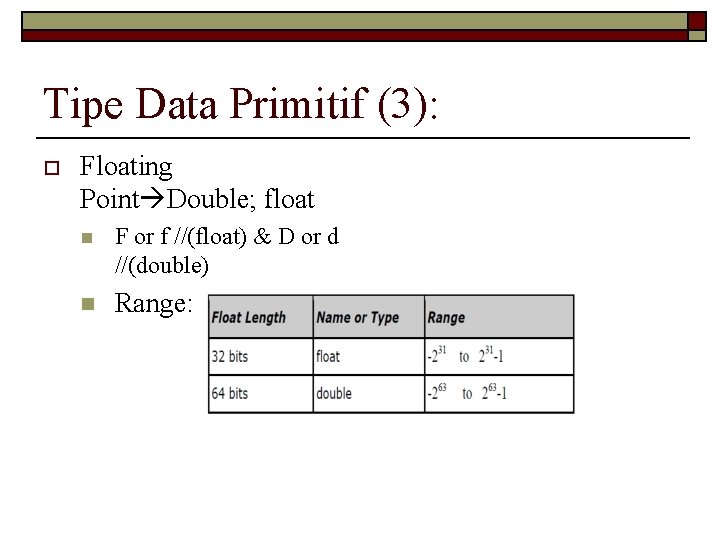 Tipe Data Primitif (3): o Floating Point Double; float n F or f //(float)