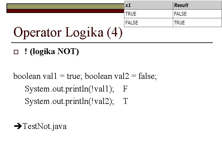 Operator Logika (4) o ! (logika NOT) boolean val 1 = true; boolean val