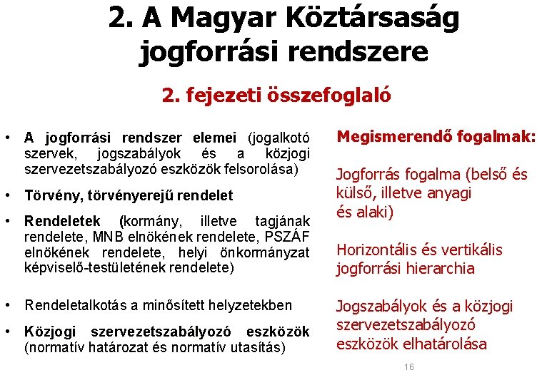 2. A Magyar Köztársaság jogforrási rendszere 2. fejezeti összefoglaló • A jogforrási rendszer elemei