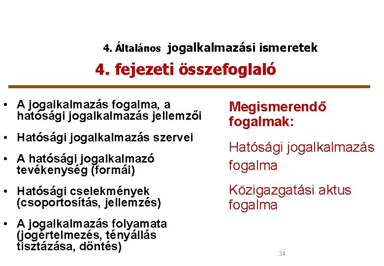 4. Általános jogalkalmazási ismeretek 4. fejezeti összefoglaló • A jogalkalmazás fogalma, a hatósági jogalkalmazás
