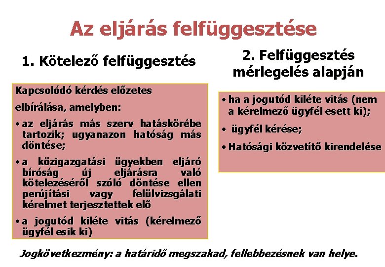 Az eljárás felfüggesztése 1. Kötelező felfüggesztés Kapcsolódó kérdés előzetes elbírálása, amelyben: • az eljárás