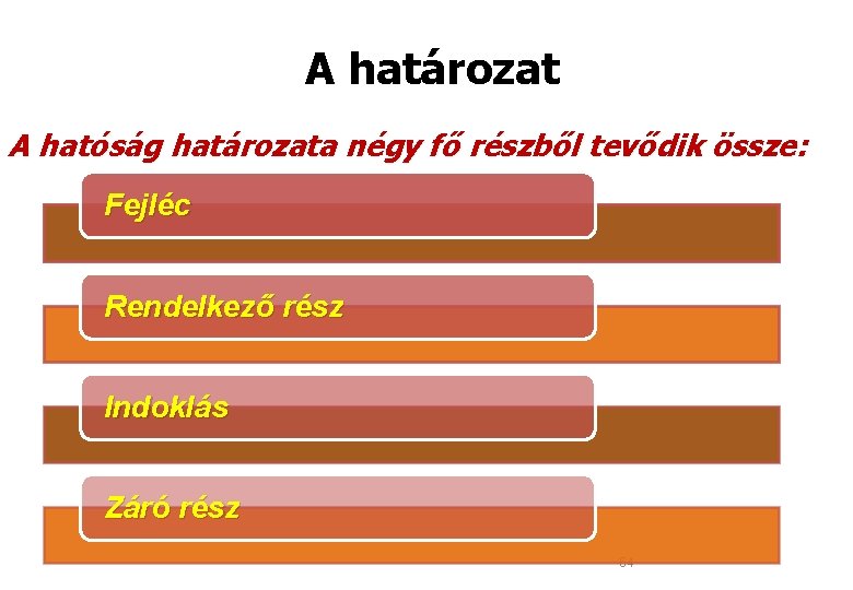 A határozat A hatóság határozata négy fő részből tevődik össze: Fejléc Rendelkező rész Indoklás