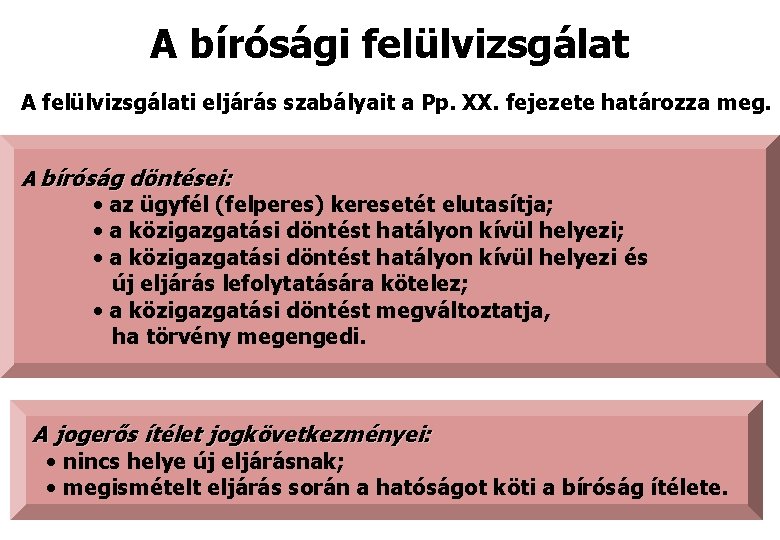 A bírósági felülvizsgálat A felülvizsgálati eljárás szabályait a Pp. XX. fejezete határozza meg. A