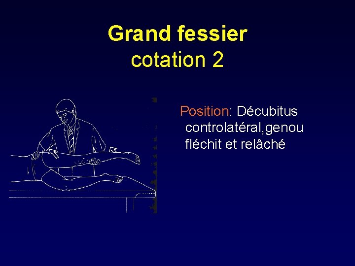 Grand fessier cotation 2 Position: Décubitus controlatéral, genou fléchit et relâché 