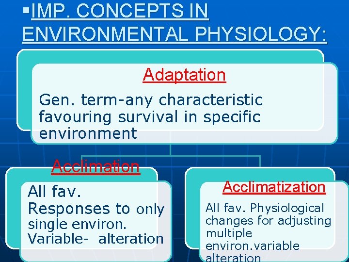 §IMP. CONCEPTS IN ENVIRONMENTAL PHYSIOLOGY: Adaptation Gen. term-any characteristic favouring survival in specific environment