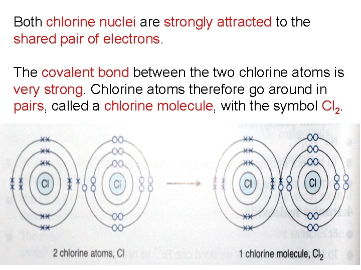 Both chlorine nuclei are strongly attracted to the shared pair of electrons. The covalent