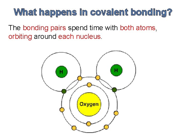 What happens in covalent bonding? The bonding pairs spend time with both atoms, orbiting