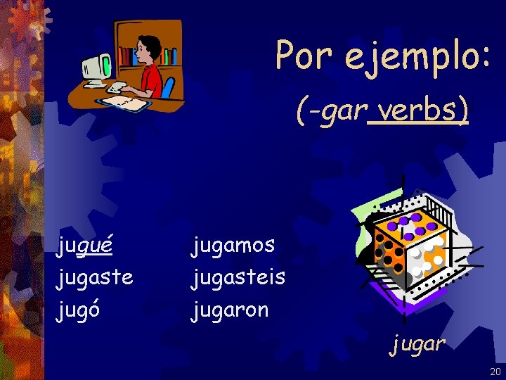 Por ejemplo: (-gar verbs) jugué jugaste jugó jugamos jugasteis jugaron jugar 20 