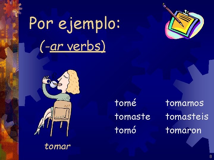 Por ejemplo: (-ar verbs) tomé tomaste tomó tomamos tomasteis tomaron tomar 8 