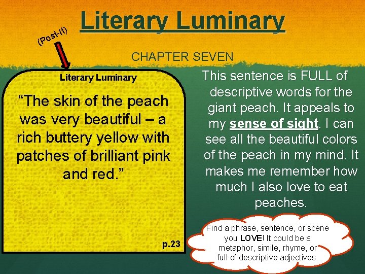 (P -It) t s o Literary Luminary CHAPTER SEVEN Literary Luminary “The skin of