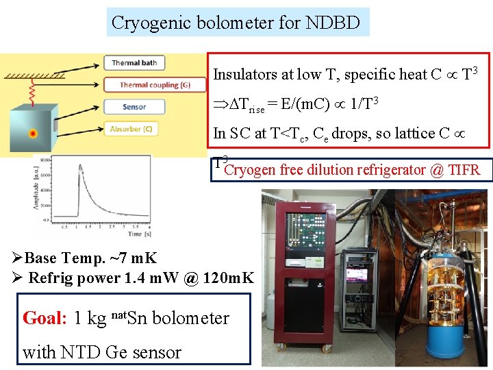Cryogenic bolometer for NDBD Insulators at low T, specific heat C T 3 Trise