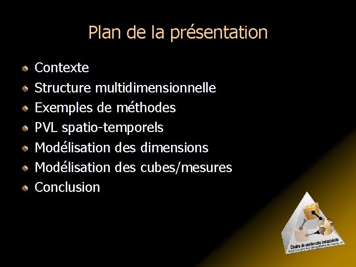 Plan de la présentation Contexte Structure multidimensionnelle Exemples de méthodes PVL spatio-temporels Modélisation des