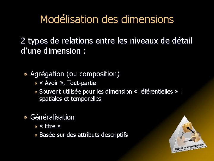 Modélisation des dimensions 2 types de relations entre les niveaux de détail d’une dimension