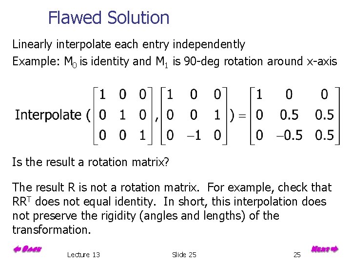 Flawed Solution Linearly interpolate each entry independently Example: M 0 is identity and M